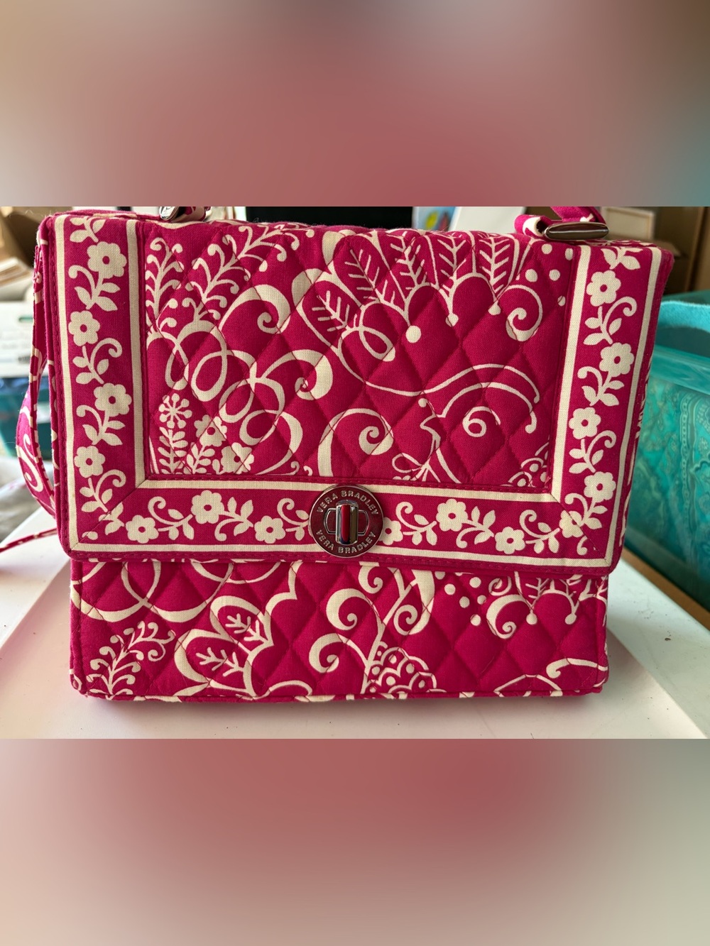 NWT Vera Bradley Fuchsia Quilted Crossbody with Cream Floral Print